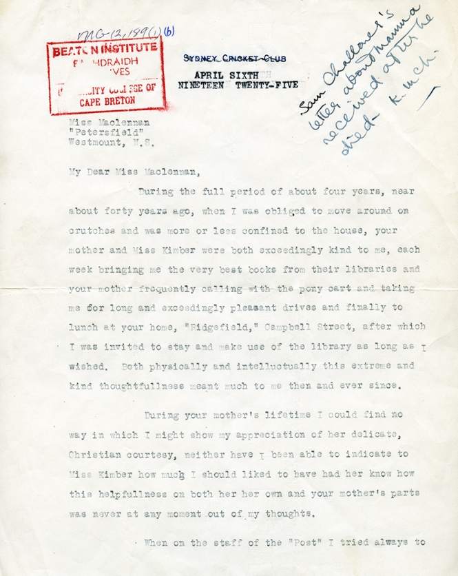 Letter from S.P. Challoner to Katharine McLennan